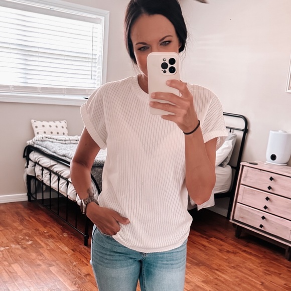 SHEIN Tops - new ✨ white waffle knit loose fit shirt with cuffed sleeves